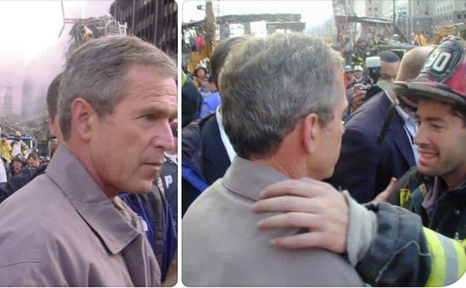 President George W. Bush speaking with
Michael Weinstock, at Ground Zero